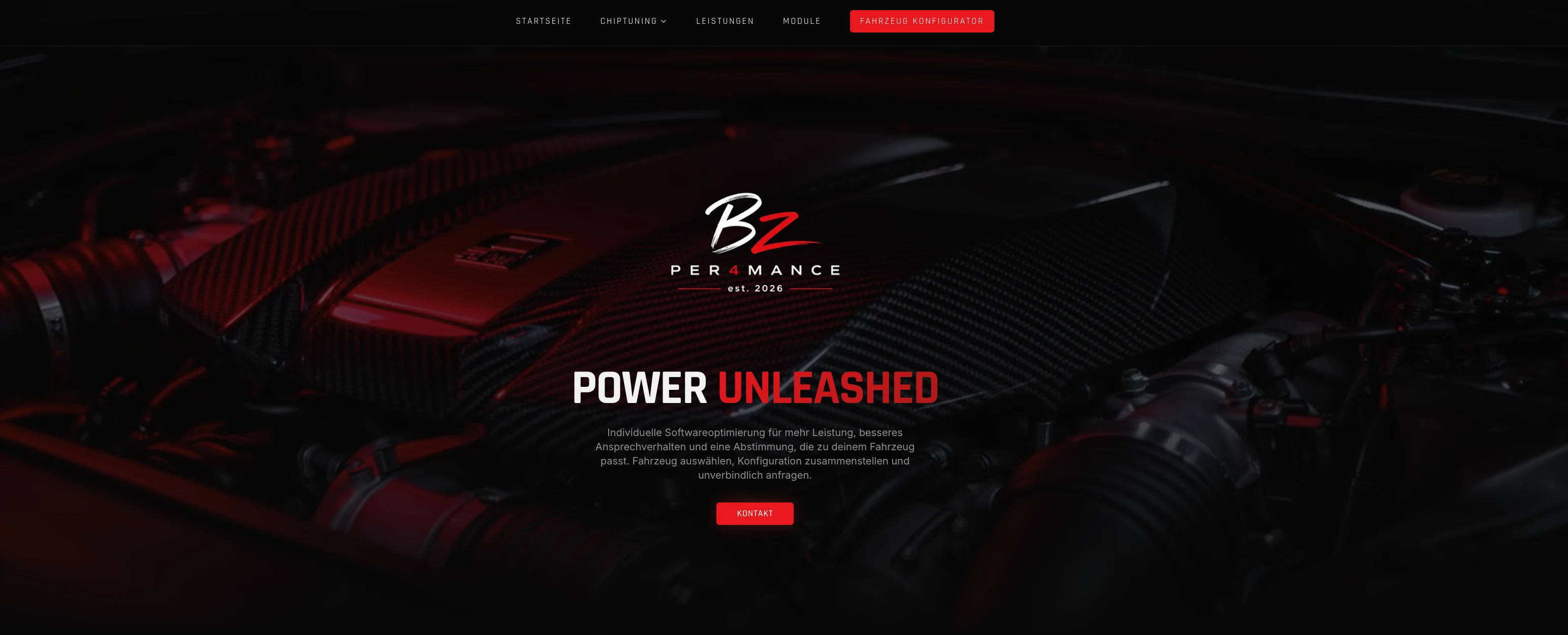 Startseite der von SagBot entwickelten Website BZ-Per4mance für Chiptuning und Fahrzeugoptimierung